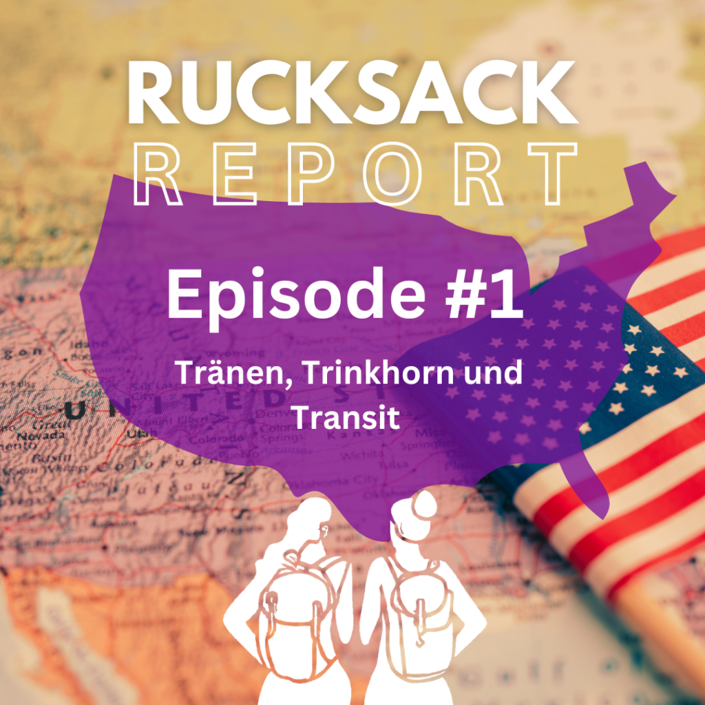 Zwei Frauen mit Rucksäcken, Im Hintergrund eine Landkarte und eine USA Flagge.
